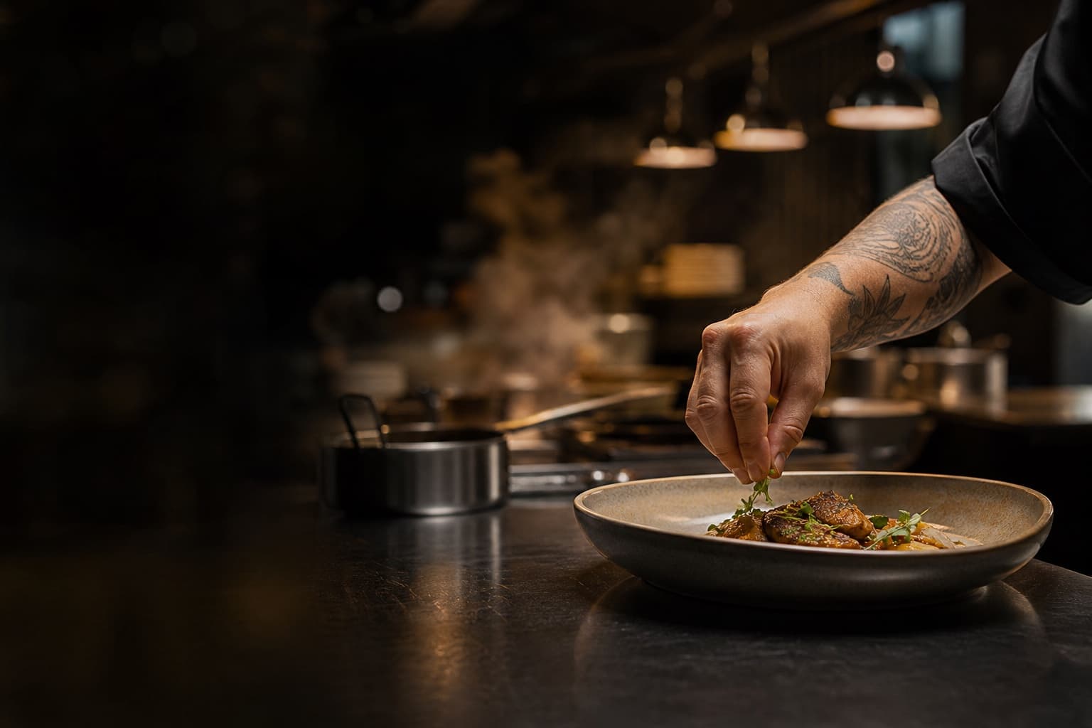 A chef finishing a dish on the restaurant pass