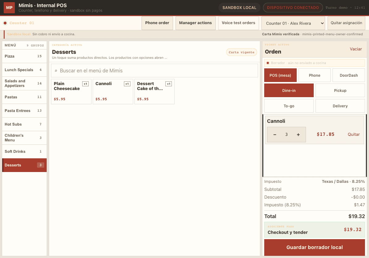 RestOS internal point-of-sale order entry screen